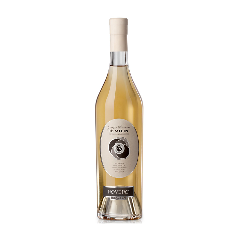 Rovero Nativa Il Milin Grappa Piemontese in clear bottle with amber liquid and beige cap, featuring circular label with black spiral design and Italian designation on white background