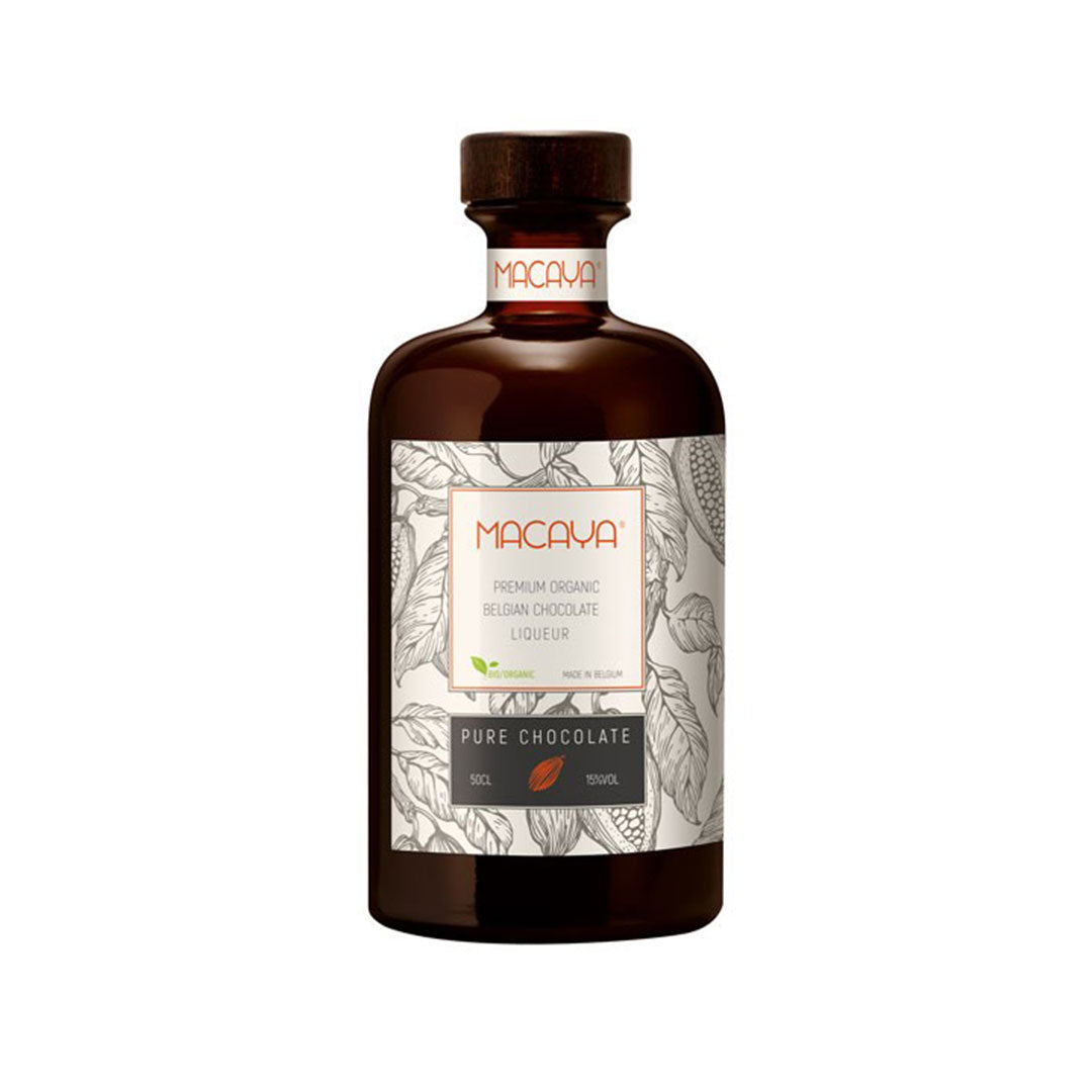 Macaya Premium Organic Belgian Chocolate Liqueur in dark glass bottle with wooden cap and cream-colored label featuring botanical cocoa plant illustrations, displayed against white background
