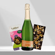 Elegant arrangement of a sparkling wine bottle with two types of artisanal dark chocolate