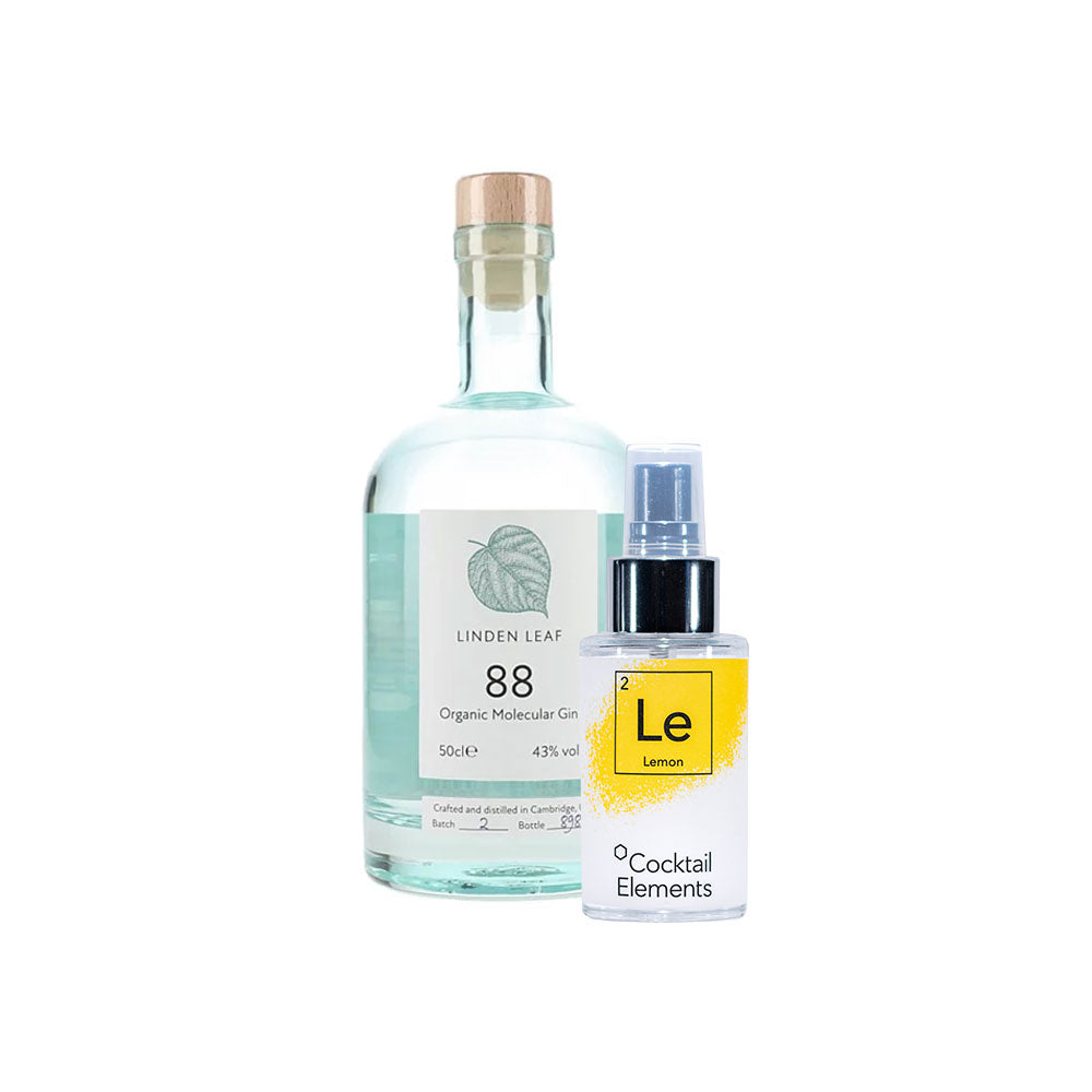 Linden Leaf 88 Organic Molecular Gin bottle with cork stopper alongside yellow Cocktail Elements lemon spray bottle on white background