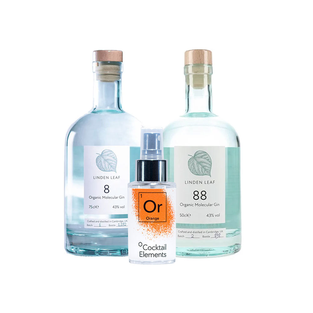 Two Linden Leaf Organic Molecular Gin bottles with cork stoppers, one labeled '8' and one labeled '88', with orange Cocktail Elements spray bottle positioned between them on white background