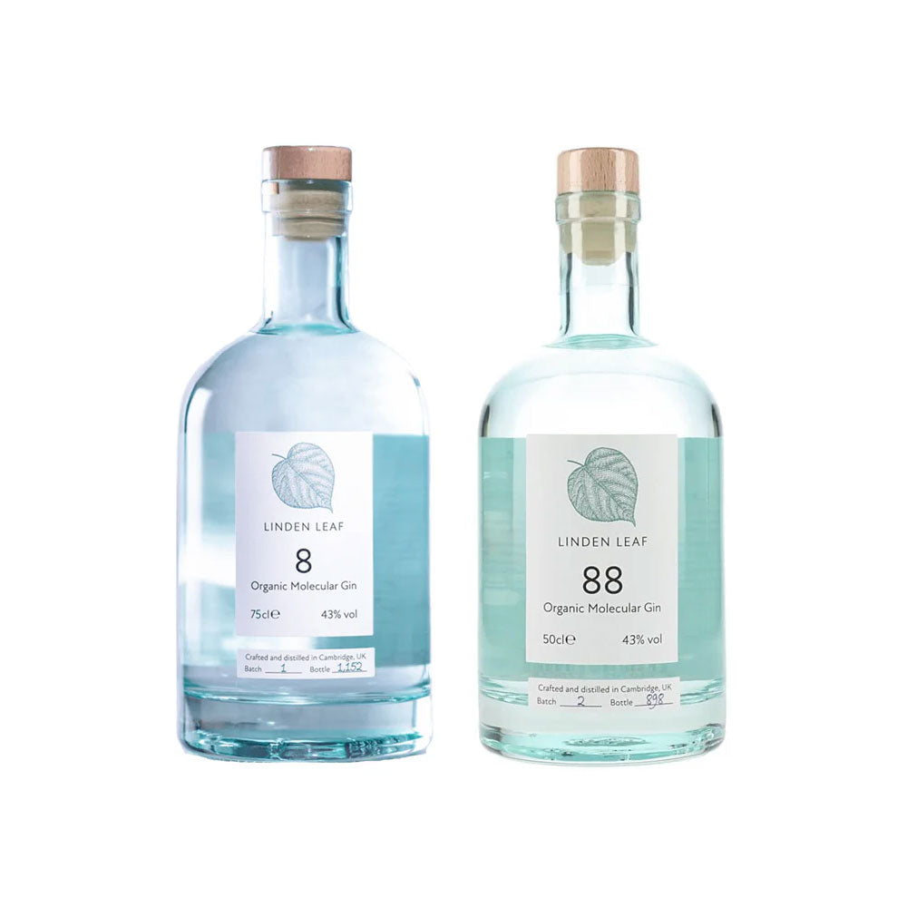 two bottles of Linden Leaf gin against a white background. On the left is bottle "8" - a 75cl bottle of Organic Molecular Gin at 43% vol with a light blue tinted glass and cork stopper. On the right is bottle "88"