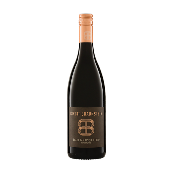 A bottle of organic Birgit Braunstein Blaufränkisch Heide Burgenland red wine. The bottle is dark glass with a copper-colored screw cap and a brown label featuring a stylized "BB" logo and the wine details. It is displayed against a plain white background.