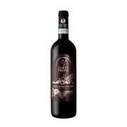 Single  organic red wine bottle with sophisticated black and silver label displaying ornate feather artwork and premium Italian wine branding on a clean white background