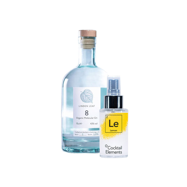 Linden Leaf 8 Organic Molecular Gin bottle with cork stopper alongside lemon Cocktail Elements spray bottle on white background