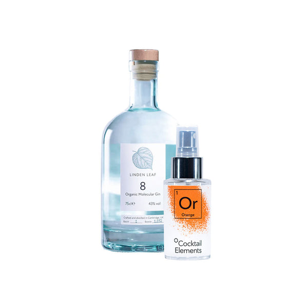 Linden Leaf 8 Organic Molecular Gin bottle with cork stopper alongside orange Cocktail Elements spray bottle on white background