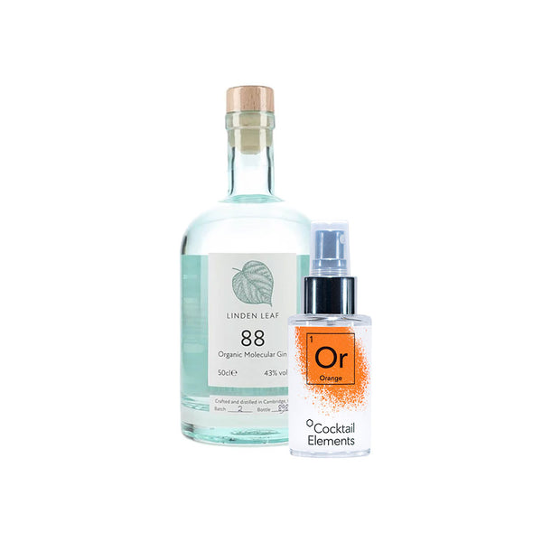 Linden Leaf 88 Organic Molecular Gin bottle with cork stopper alongside orange Cocktail Elements spray bottle on white background