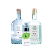 Two Linden Leaf Organic Molecular Gin bottles with cork stoppers, one labeled '8' and one labeled '88', with green lime Cocktail Elements spray bottle positioned between them on white background