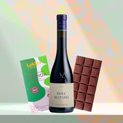 Gift arrangement featuring a bottle of organic red wine, a box of single-origin Ugandan organic chocolate, and a dark chocolate bar.